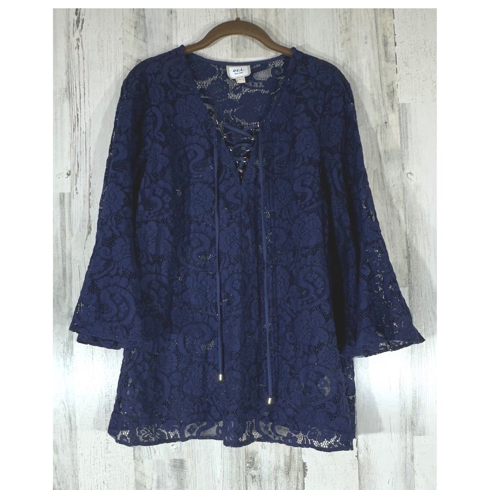 ECI New York Blouse Top Large Navy Blue Sheer Lace 3/4 Bell Sleeve Lace Up VNeck